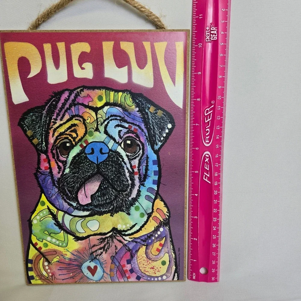 Dean Russo Pug Luv Dog Art Hanging Wall Decor Wooden Sign 10.5